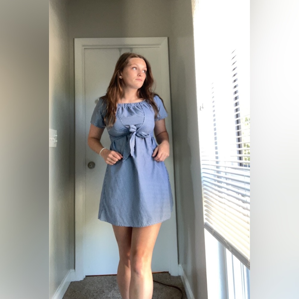 Short navy and white picnic gingham print dress